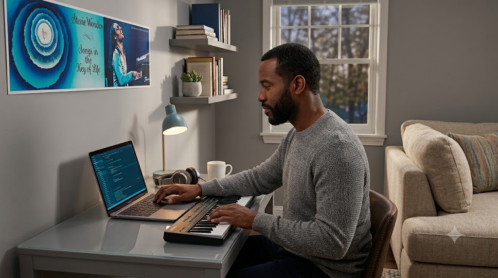 A man practicing piano keyboard beside an open laptop